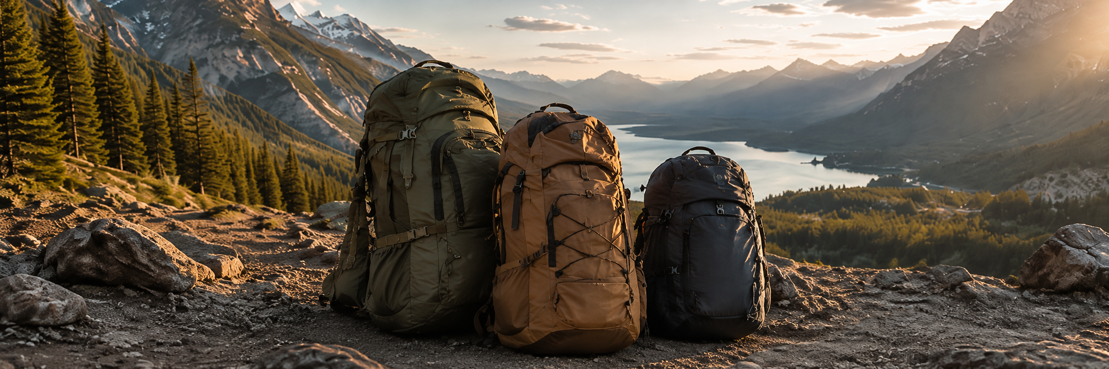Three VRSA backpacks resting on a mountain ridge at sunset overlooking a lake